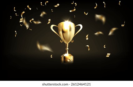 Trophy cup. Champion trophy, shiny golden cup and falling confetti, sport award. Winner prize, champions realistic vector celebration winning concept