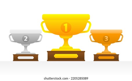 Trophy cup, champion, winner. 1st, 2st and 3st position. Vector illustration.