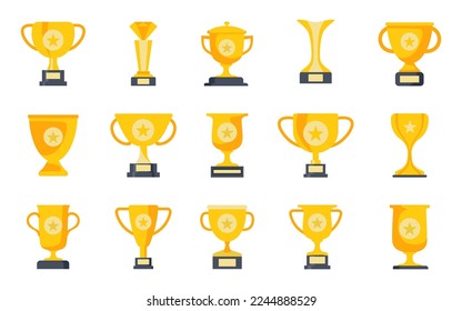 Colección de trofeos en diseño plano. Juego de copa de oro