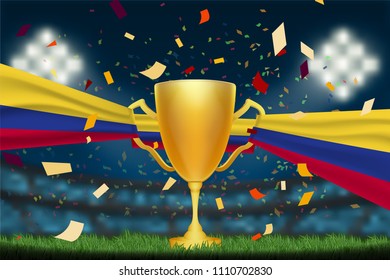 Trophy cup with Colombia flag on field in soccer stadium to celebrate for football match result with spot light background. Design for banner, poster of championship template in vector illustration
