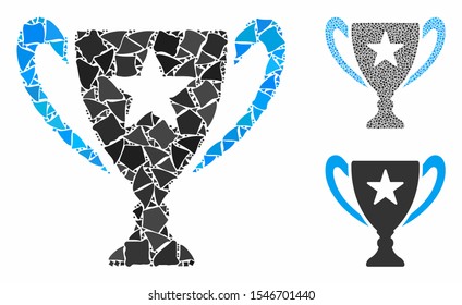 Trophy cup composition of abrupt pieces in variable sizes and shades, based on trophy cup icon. Vector raggy pieces are combined into composition. Trophy cup icons collage with dotted pattern.