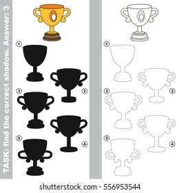 Trophy cup with different shadows to find the correct one, compare and connect object with it true shadow, the educational kid game with simple level of difficulty.