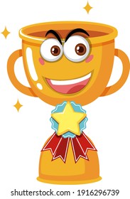 Trophy cup with face expression on white background illustration