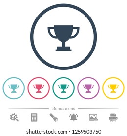 Trophy cup flat color icons in round outlines. 6 bonus icons included.