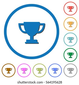 Trophy cup flat color vector icons with shadows in round outlines on white background