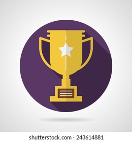 Trophy cup flat vector icon. Single round purple flat vector icon for yellow winner trophy cup with white silhouette star and with long shadow on gray background.