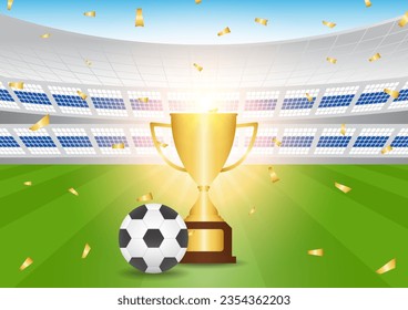 Trophy Cup and Football in Football Stadium. Golden Trophy Cup and for Football Championship in Arena. Football Championship Celebration.