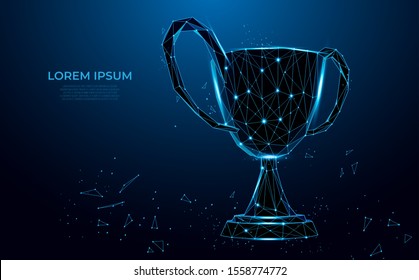 Trophy cup form lines and triangles, point connecting network on blue background. sport cup, champion's cup. Polygon vector wireframe concept, mesh art