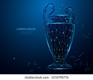 Trophy cup form lines and triangles, point connecting network on blue background. sport cup, champion's cup. Polygon vector wireframe concept, mesh art