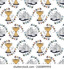 Trophy cup and Garlic. Seamless pattern on a white background. Cute vector illustration.
