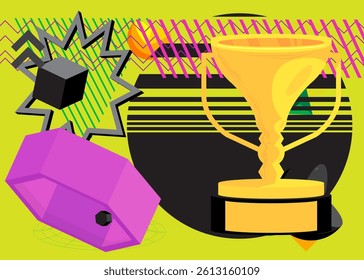 Trophy Cup geometrical graphic retro theme background. Minimal geometric elements. Vintage abstract shapes vector illustration.