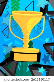 Trophy Cup geometrical graphic retro theme background. Minimal geometric elements. Vintage abstract shapes vector illustration.