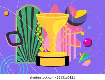 Trophy Cup geometrical graphic retro theme background. Minimal geometric elements. Vintage abstract shapes vector illustration.