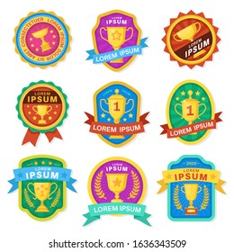 Trophy cup. Goblet medal emblems, achievement awards, various sport trophy golden cups symbols victory, competition winner reward prize logo vector labels