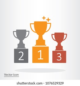 trophy cup, goblet on podium, pedestal icon vector