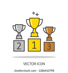 trophy cup, goblet on podium, pedestal, line sign, icon vector