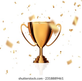 Trophy cup with gold confetti. Gold prize isolated. Vector illustration of award