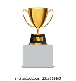 Trophy cup. Gold prize on white podium isolated. Vector illustration of award