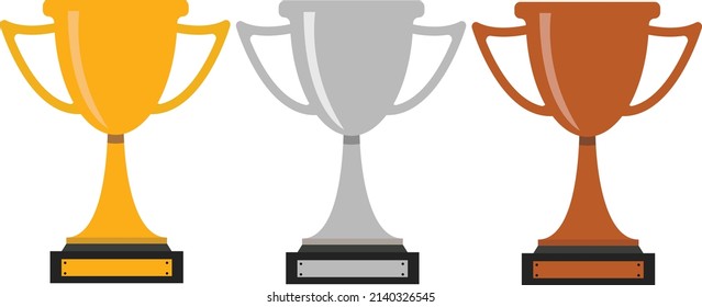 Trophy cup gold, silver and bronze winner. Vector flat illustration icon in layers with name.