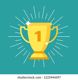 Trophy cup. Gold winning award, sports yellow goblet. Championship, success and leadership business or sport champion golden trophy. Winner prize award in mobile app vector concept