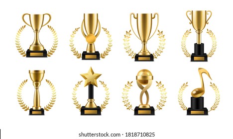Trophy cup with golden laurel. Realistic gold sports or music winner awards, victory goblet with wreath frame collection for winners on award ceremony, symbol of leadership and success 3d vector set