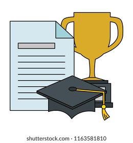 trophy cup with graduation hat and document
