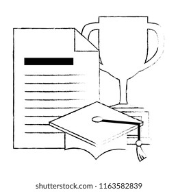 trophy cup with graduation hat and document