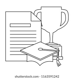 trophy cup with graduation hat and document