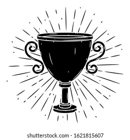 Trophy cup. Hand drawn vector illustration with a Trophy cup and divergent rays. 