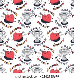 Trophy cup and Heart. Seamless pattern on a white background. Cute vector illustration.