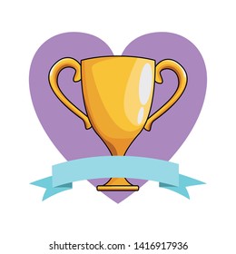 trophy cup icon cartoon isolated with heart background and ribbon banner vector illustration graphic design