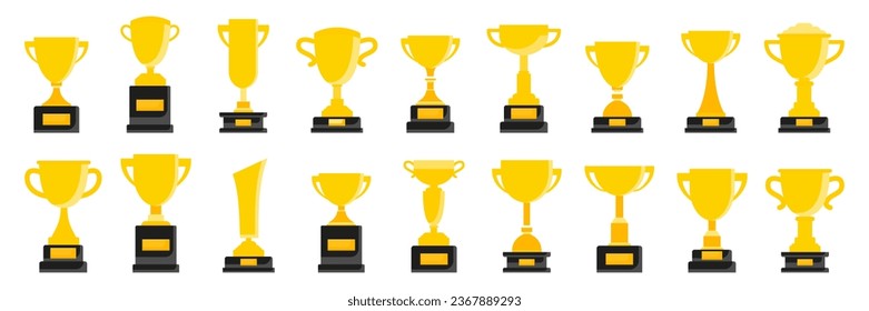 Trophy Cup Icon Sammlung in einem flachen Design. Set mit goldenem Award-Tasse in einem flachen Design. Trophäe Tasse, Prämiensymbole