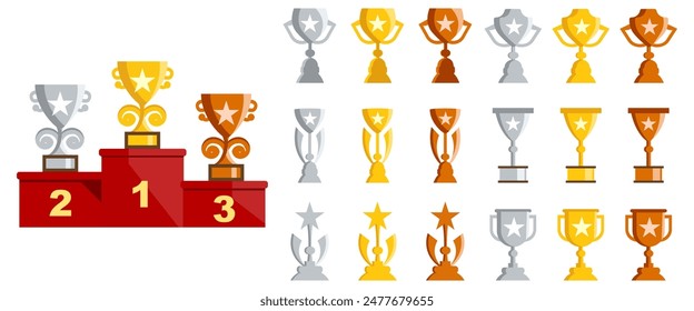 Trophy cup icon collection in a flat design. Set of golden award cup in a flat design. Trophy cup, award icons