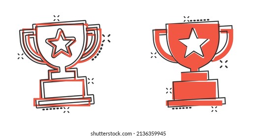 Icono de copa de trofeo al estilo cómico. Dibujo vectorial del premio Goblet sobre fondo aislado. Concepto de negocio de signo de efecto de salpicadura de premio.