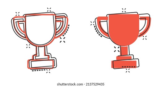 Trophy cup icon in comic style. Goblet prize cartoon vector illustration on isolated background. Award splash effect sign business concept.