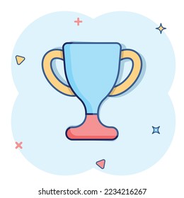 Trophy cup icon in comic style. Goblet prize cartoon vector illustration on isolated background. Award splash effect sign business concept.