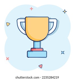 Trophy cup icon in comic style. Goblet prize cartoon vector illustration on isolated background. Award splash effect sign business concept.
