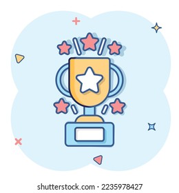 Trophy cup icon in comic style. Goblet prize cartoon vector illustration on isolated background. Award splash effect sign business concept.