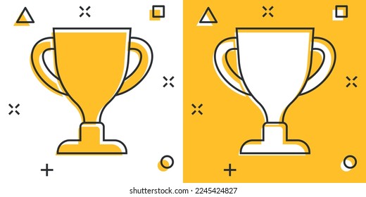 Trophy cup icon in comic style. Goblet prize cartoon vector illustration on isolated background. Award splash effect sign business concept.