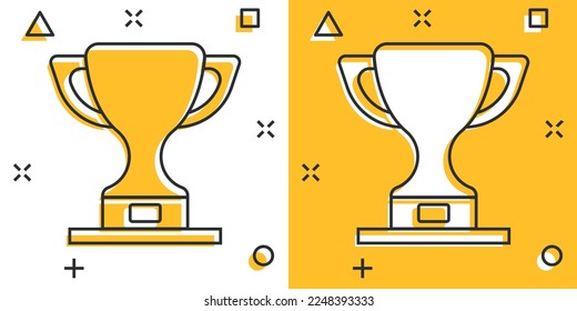 Trophy cup icon in comic style. Goblet prize cartoon vector illustration on isolated background. Award splash effect sign business concept.