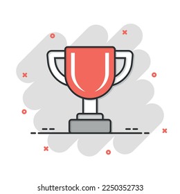 Trophy cup icon in comic style. Goblet prize cartoon vector illustration on isolated background. Award splash effect sign business concept.