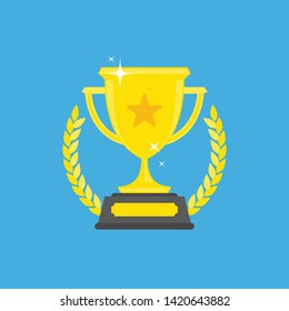 Trophy Cup icon in flat style. Golden shining cup sign, isolated on blue background. First place gold cups, championship prize. Winner Concept. Vector illustration EPS 10.