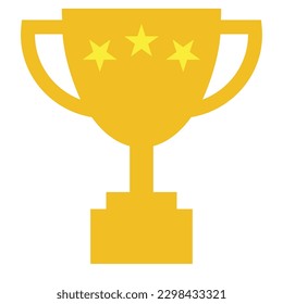 Trophy cup icon, flat style yellow, gold color championship cup winner symbol with three yellow stars. For label, emblem, logo, mobile, app, web, game, sports, achievement graphic isolated on white.