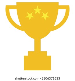 Trophy cup icon, flat style yellow, gold color championship cup winner symbol with three yellow stars. For label, emblem, logo, mobile, app, web, game, sports, achievement graphic isolated on white.