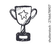 Trophy cup icon. Hand drawn. Symbol of achievement, success, leadership, competition and victory. Doodle style. Vector illustration isolated on white background.