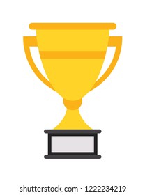 Trophy cup icon with handles and blank nameplate isolated on white background flat design. 