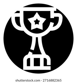 Icono de copa de trofeo dentro de un círculo negro con una estrella, que representa el logro, la victoria y la excelencia para los deportes, los negocios, la competencia, los premios, el reconocimiento y el éxito del primer lugar