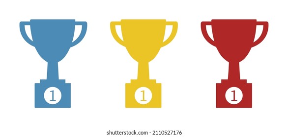 Trophy Cup icon on prize podium. First place award or Champions cup isolated on white background. Vector illustration.
