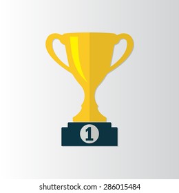 Trophy Cup icon on prize podium. First place award. Champions or winners Infographic element. Vector illustration.