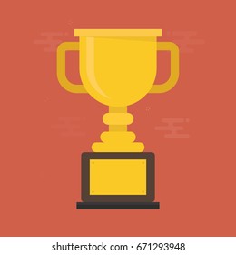 Trophy Cup icon on prize podium. First place award. Champions or winners Infographic element. Vector illustration.